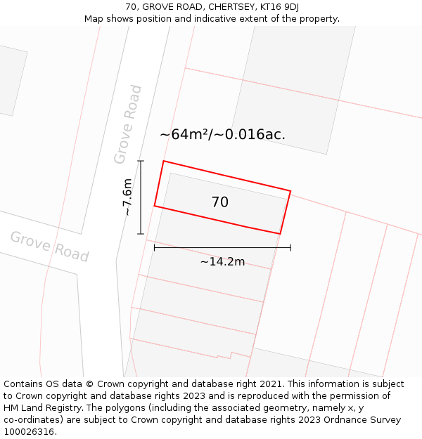 70, GROVE ROAD, CHERTSEY, KT16 9DJ: Plot and title map