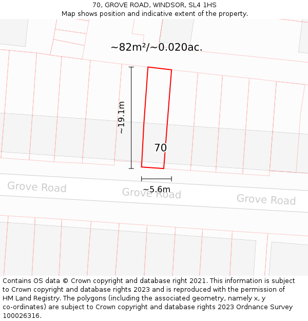 70, GROVE ROAD, WINDSOR, SL4 1HS: Plot and title map