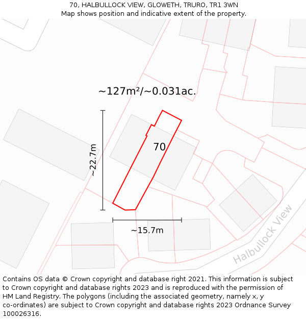 70, HALBULLOCK VIEW, GLOWETH, TRURO, TR1 3WN: Plot and title map