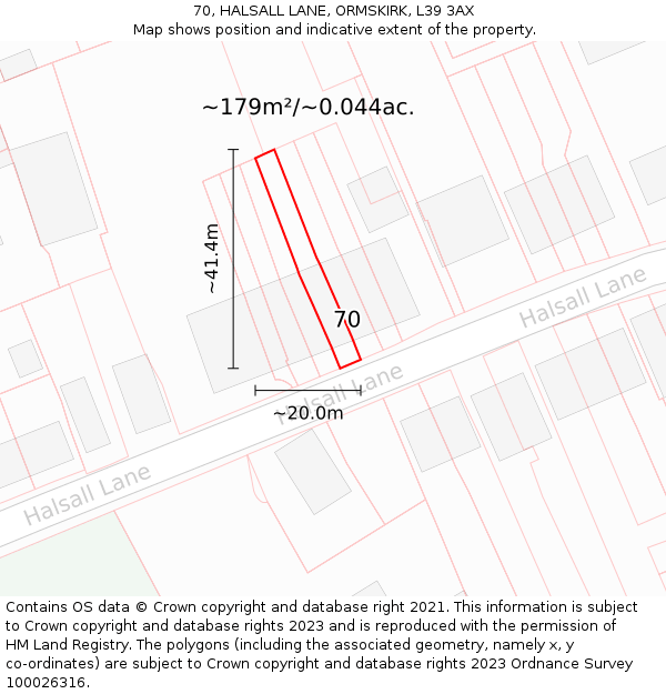 70, HALSALL LANE, ORMSKIRK, L39 3AX: Plot and title map