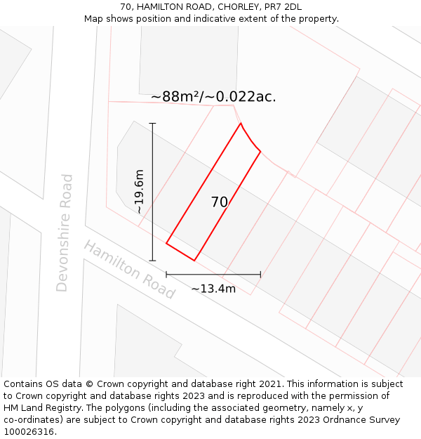 70, HAMILTON ROAD, CHORLEY, PR7 2DL: Plot and title map
