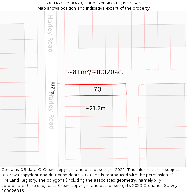 70, HARLEY ROAD, GREAT YARMOUTH, NR30 4JS: Plot and title map