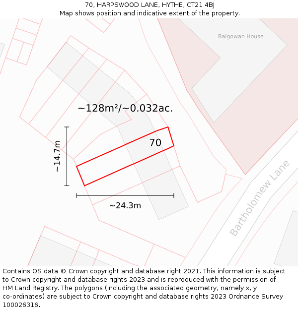 70, HARPSWOOD LANE, HYTHE, CT21 4BJ: Plot and title map