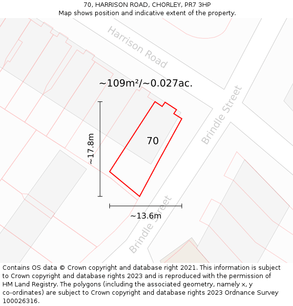 70, HARRISON ROAD, CHORLEY, PR7 3HP: Plot and title map