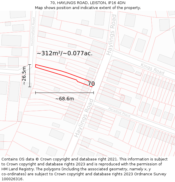 70, HAYLINGS ROAD, LEISTON, IP16 4DN: Plot and title map