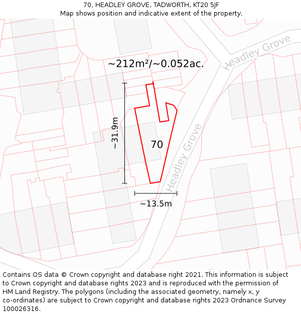 70, HEADLEY GROVE, TADWORTH, KT20 5JF: Plot and title map
