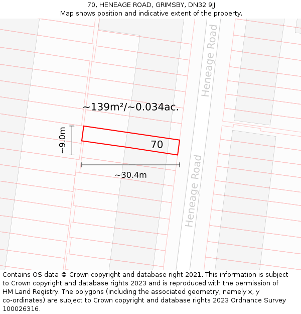 70, HENEAGE ROAD, GRIMSBY, DN32 9JJ: Plot and title map