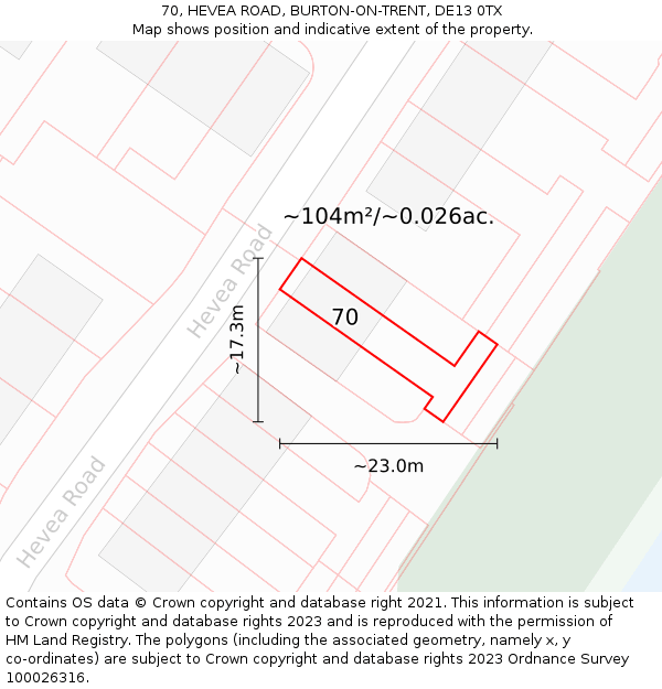 70, HEVEA ROAD, BURTON-ON-TRENT, DE13 0TX: Plot and title map