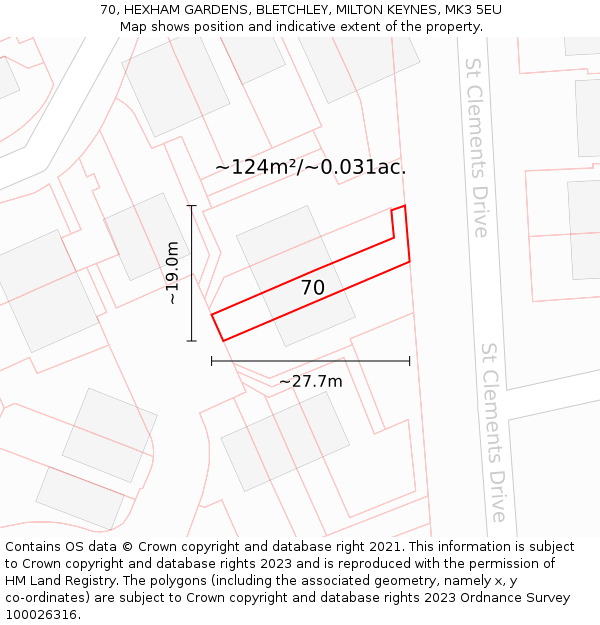 70, HEXHAM GARDENS, BLETCHLEY, MILTON KEYNES, MK3 5EU: Plot and title map