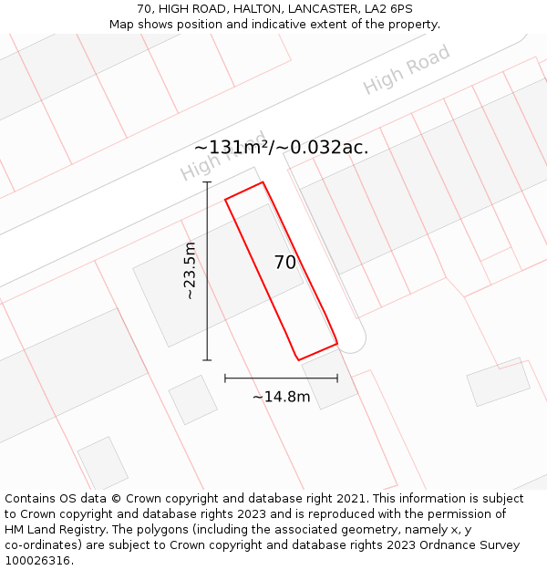 70, HIGH ROAD, HALTON, LANCASTER, LA2 6PS: Plot and title map