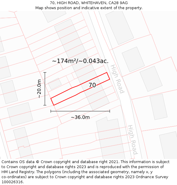 70, HIGH ROAD, WHITEHAVEN, CA28 9AG: Plot and title map