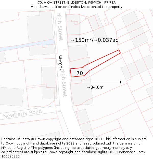 70, HIGH STREET, BILDESTON, IPSWICH, IP7 7EA: Plot and title map