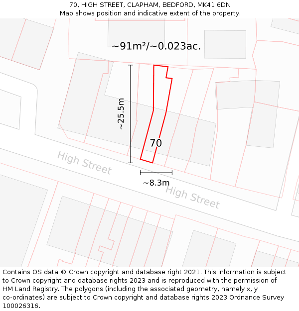 70, HIGH STREET, CLAPHAM, BEDFORD, MK41 6DN: Plot and title map
