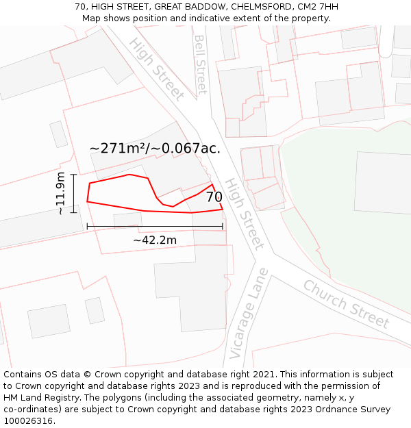 70, HIGH STREET, GREAT BADDOW, CHELMSFORD, CM2 7HH: Plot and title map
