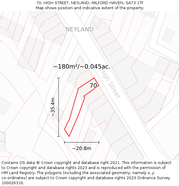 70, HIGH STREET, NEYLAND, MILFORD HAVEN, SA73 1TF: Plot and title map