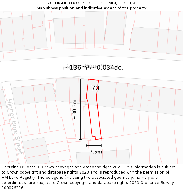 70, HIGHER BORE STREET, BODMIN, PL31 1JW: Plot and title map
