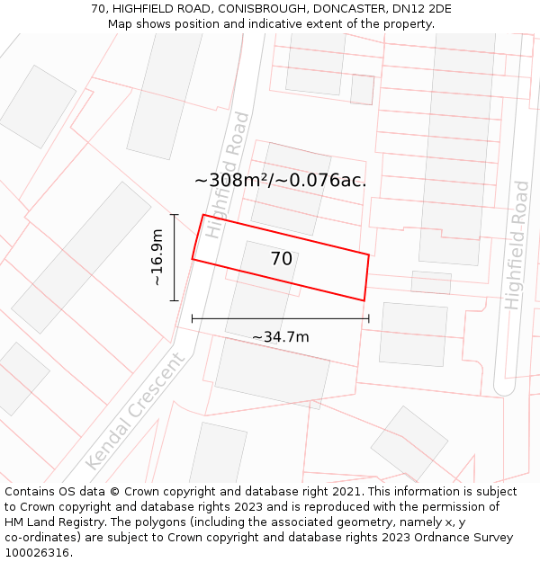 70, HIGHFIELD ROAD, CONISBROUGH, DONCASTER, DN12 2DE: Plot and title map