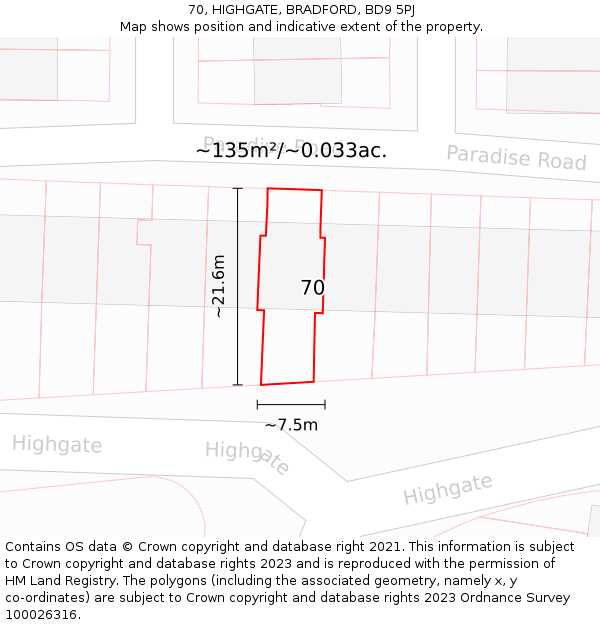 70, HIGHGATE, BRADFORD, BD9 5PJ: Plot and title map