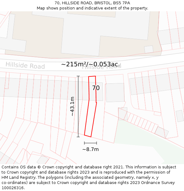 70, HILLSIDE ROAD, BRISTOL, BS5 7PA: Plot and title map