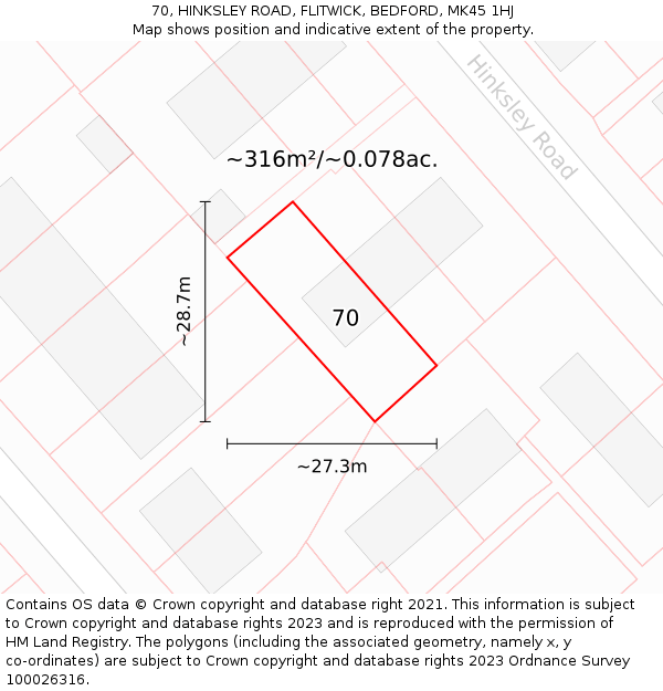 70, HINKSLEY ROAD, FLITWICK, BEDFORD, MK45 1HJ: Plot and title map