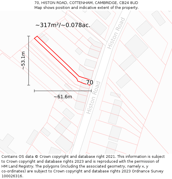 70, HISTON ROAD, COTTENHAM, CAMBRIDGE, CB24 8UD: Plot and title map