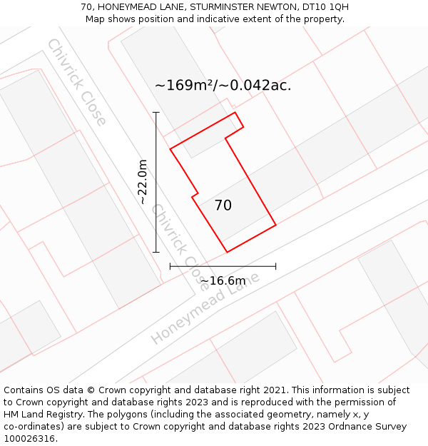 70, HONEYMEAD LANE, STURMINSTER NEWTON, DT10 1QH: Plot and title map