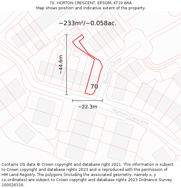 70, HORTON CRESCENT, EPSOM, KT19 8AA: Plot and title map