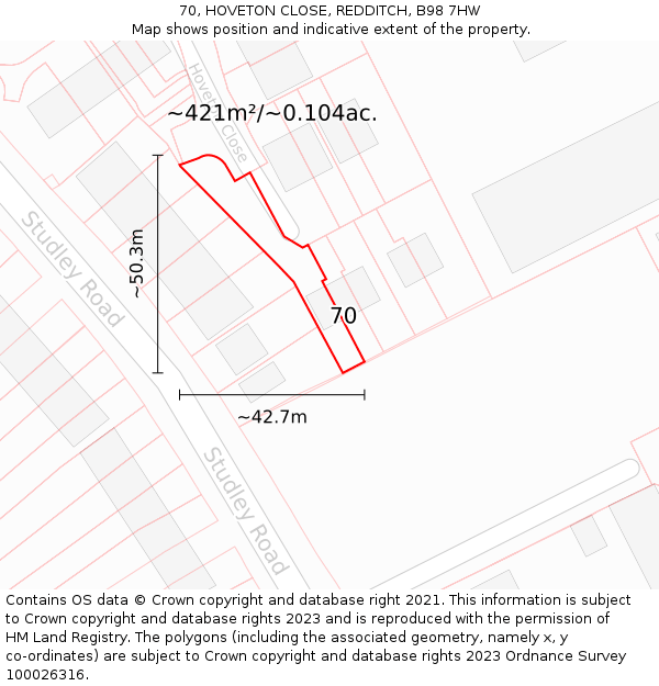 70, HOVETON CLOSE, REDDITCH, B98 7HW: Plot and title map