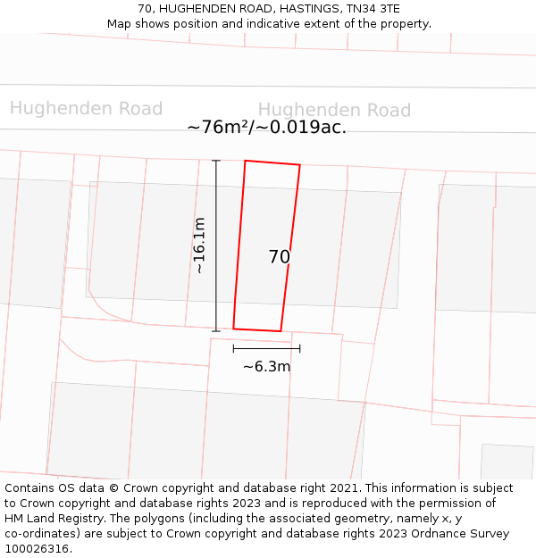 70, HUGHENDEN ROAD, HASTINGS, TN34 3TE: Plot and title map
