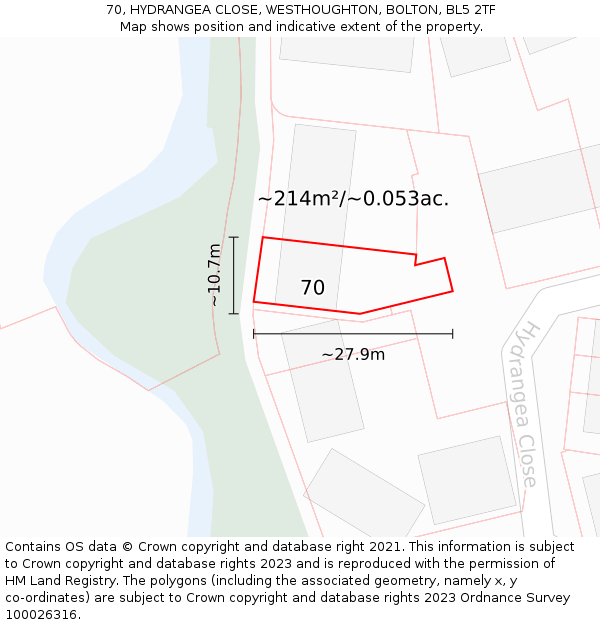 70, HYDRANGEA CLOSE, WESTHOUGHTON, BOLTON, BL5 2TF: Plot and title map