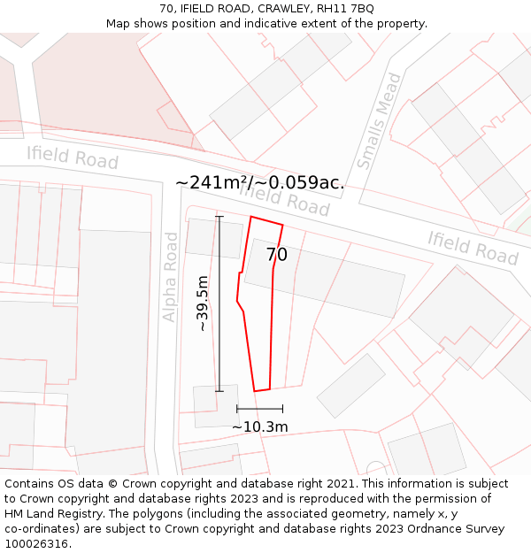70, IFIELD ROAD, CRAWLEY, RH11 7BQ: Plot and title map