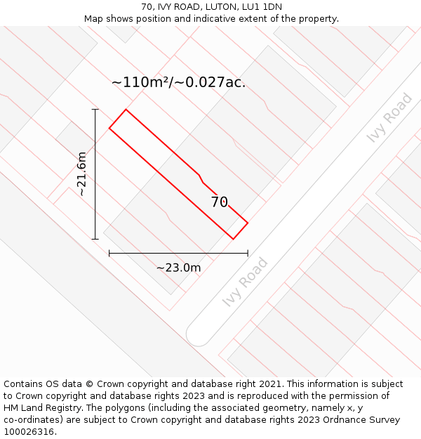 70, IVY ROAD, LUTON, LU1 1DN: Plot and title map