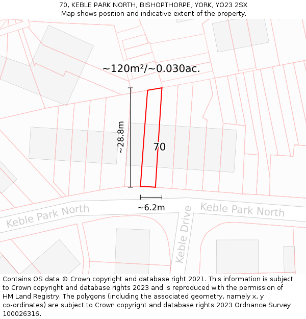 70, KEBLE PARK NORTH, BISHOPTHORPE, YORK, YO23 2SX: Plot and title map