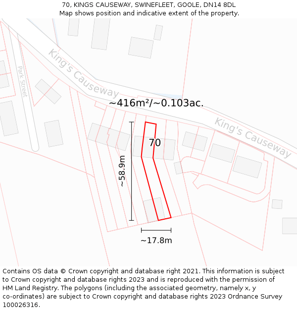 70, KINGS CAUSEWAY, SWINEFLEET, GOOLE, DN14 8DL: Plot and title map
