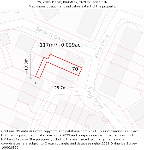 70, KIRBY DRIVE, BRAMLEY, TADLEY, RG26 5FN: Plot and title map