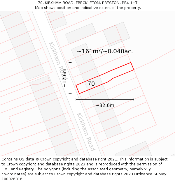 70, KIRKHAM ROAD, FRECKLETON, PRESTON, PR4 1HT: Plot and title map