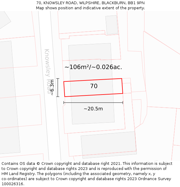 70, KNOWSLEY ROAD, WILPSHIRE, BLACKBURN, BB1 9PN: Plot and title map