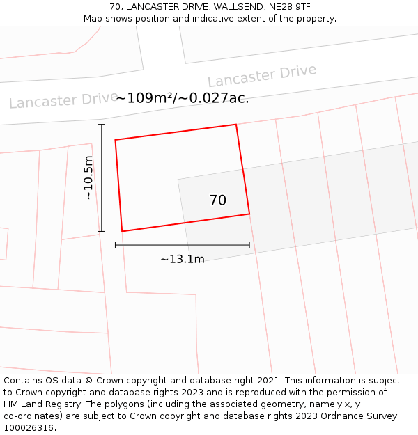 70, LANCASTER DRIVE, WALLSEND, NE28 9TF: Plot and title map