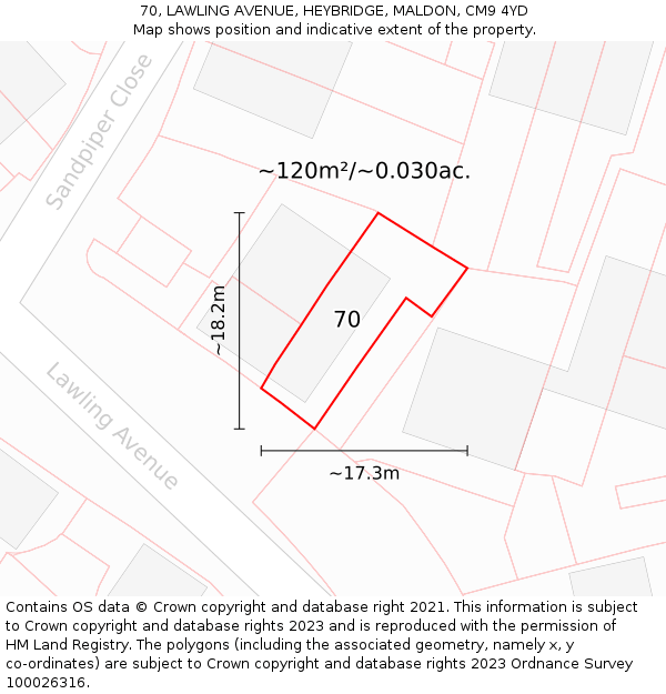 70, LAWLING AVENUE, HEYBRIDGE, MALDON, CM9 4YD: Plot and title map