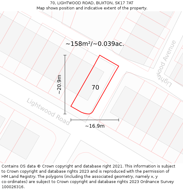 70, LIGHTWOOD ROAD, BUXTON, SK17 7AT: Plot and title map