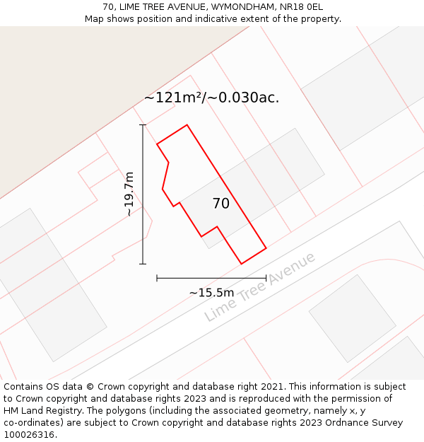 70, LIME TREE AVENUE, WYMONDHAM, NR18 0EL: Plot and title map