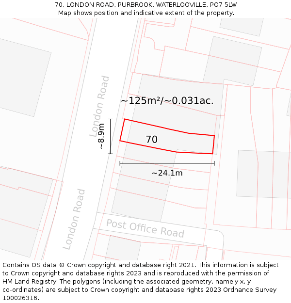 70, LONDON ROAD, PURBROOK, WATERLOOVILLE, PO7 5LW: Plot and title map