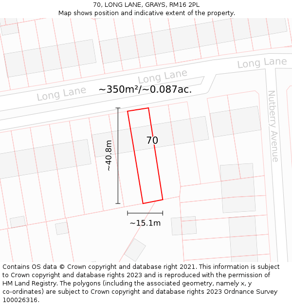 70, LONG LANE, GRAYS, RM16 2PL: Plot and title map