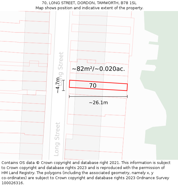 70, LONG STREET, DORDON, TAMWORTH, B78 1SL: Plot and title map