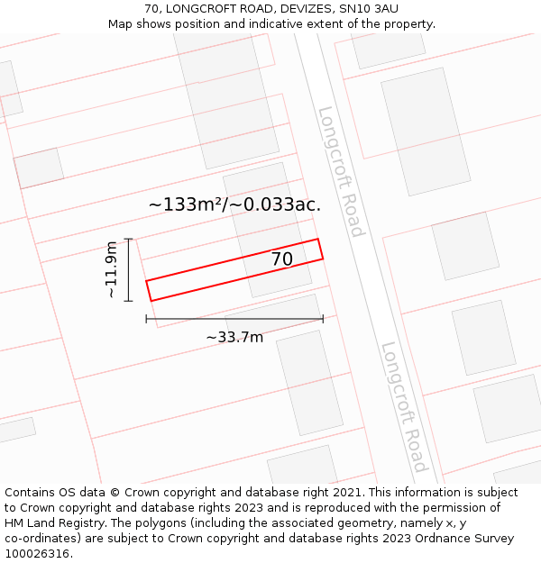 70, LONGCROFT ROAD, DEVIZES, SN10 3AU: Plot and title map