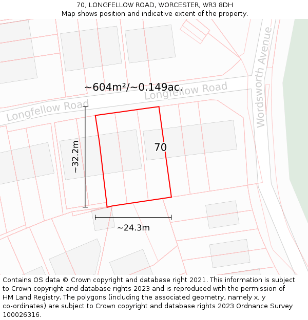 70, LONGFELLOW ROAD, WORCESTER, WR3 8DH: Plot and title map