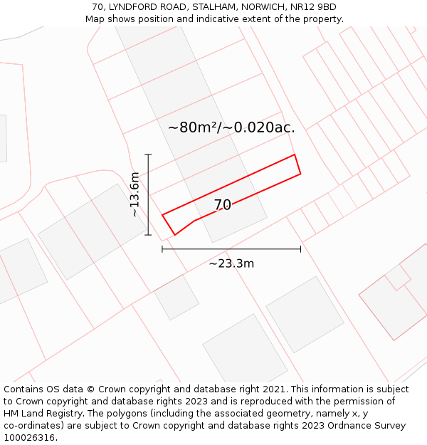 70, LYNDFORD ROAD, STALHAM, NORWICH, NR12 9BD: Plot and title map