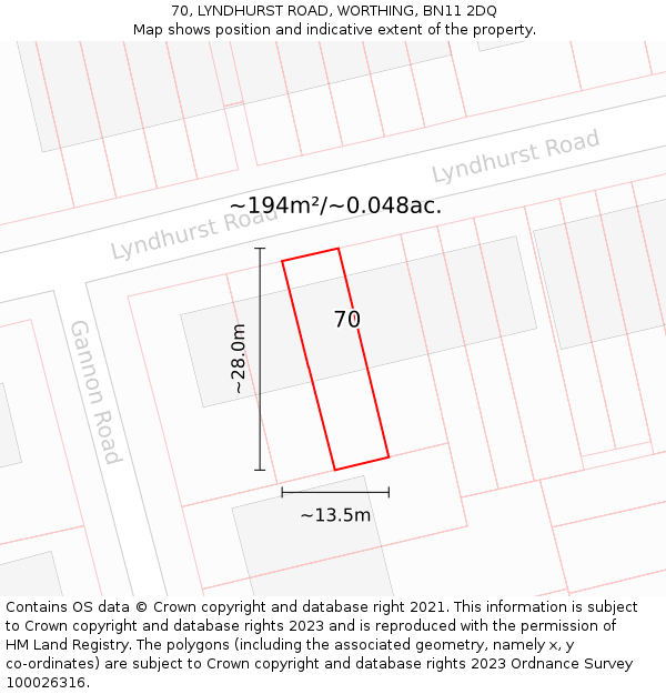 70, LYNDHURST ROAD, WORTHING, BN11 2DQ: Plot and title map
