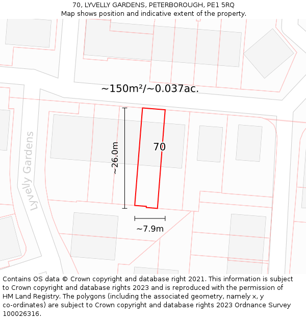 70, LYVELLY GARDENS, PETERBOROUGH, PE1 5RQ: Plot and title map