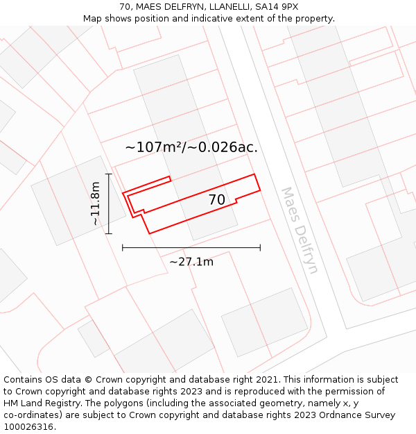 70, MAES DELFRYN, LLANELLI, SA14 9PX: Plot and title map